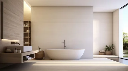Fototapeten Low-key luxe minimalist bathroom with standalone bathtub and open shower  AI generated illustration © ArtStage
