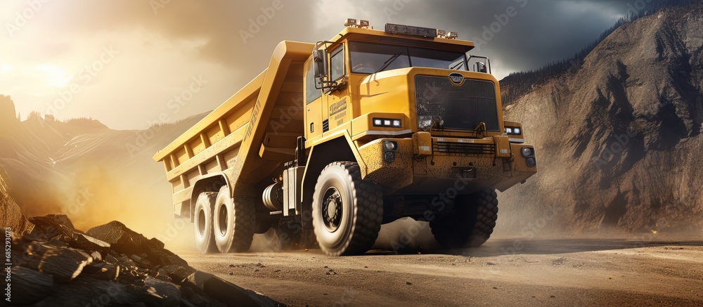 Poster mining truck transporting coal in a quarry copy space image