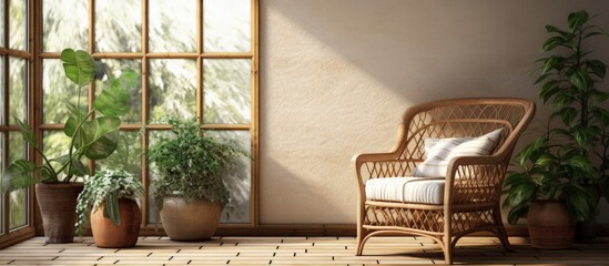 Natural wicker furniture in a sunlit room with wooden wall and ceramic tile floor copy space image