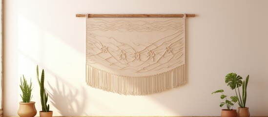 Mid century room decor with a macrame wall hanging on a natural pole copy space image