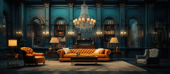 Luxurious and haunting retro colored furniture in a grand living room architecture of a residential house copy space image - obrazy, fototapety, plakaty
