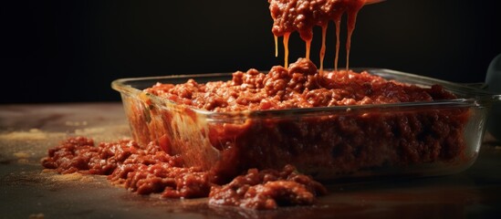Preparing lasagna with tomato paste in ground meat Building Bolognese lasagna copy space image - obrazy, fototapety, plakaty