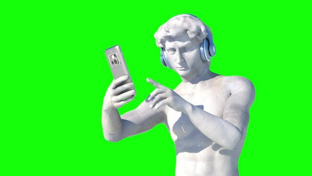 classic antique statue of David with a cellular smartphone phone in hand 3d render pop art style   on a green background 