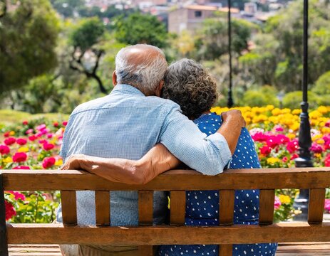 Pareja de Ancianos Abraz&aacute;ndose en el Parque Florido