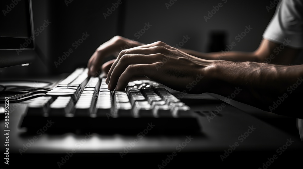 Poster man typing on a backlit gaming keyboard in a monochrome setting ai generated illustration