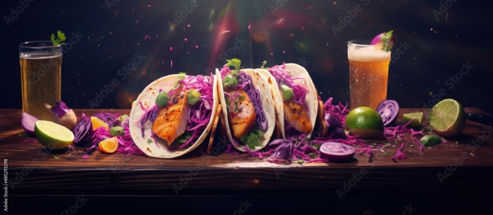 Aufkleber tacos with fish mango salsa red cabbage salmon beer and hot honey copy space image