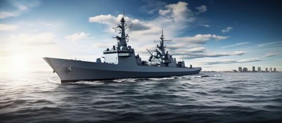 Naklejka premium Nuclear guided missile cruiser near Kronstadt in the Gulf of Finland copy space image