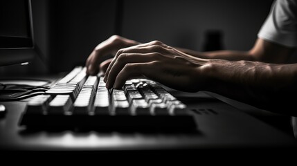 Man typing on a backlit gaming keyboard in a monochrome setting  AI generated illustration