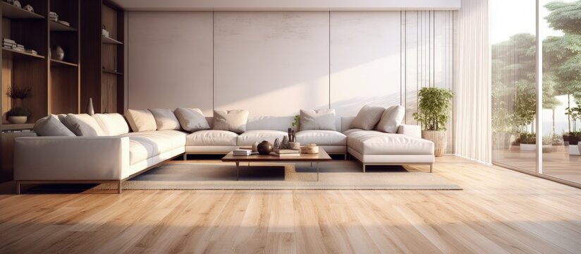 Luxurious home with cherry wood floors in the living room copy space image