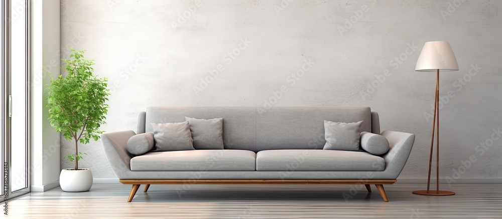 Poster spacious high end home with a gray midcentury loveseat copy space image