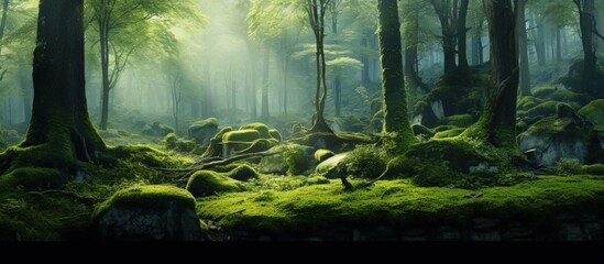 Moss covers tree trunks in green forest copy space image