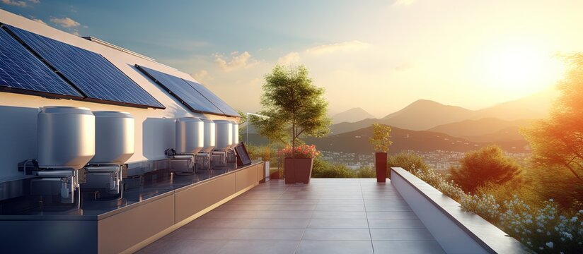 Private home equipped with solar water heaters on the roof copy space image