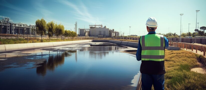 Technician ensuring pollution control in wastewater treatment plant Worker in waste water treatment pond industry copy space image