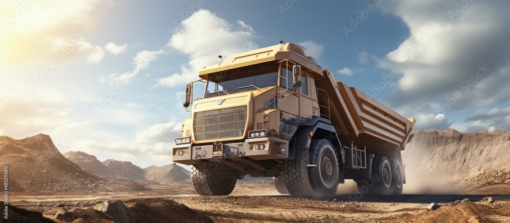 Poster ore hauling truck moving rocks to crusher in quarry copy space image