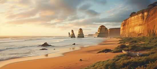 The Twelve Apostles located at the Great Ocean Road Victoria Australia have tall cliffs copy space image
