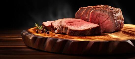 Round beef eye sliced and roasted on cutting board copy space image - obrazy, fototapety, plakaty