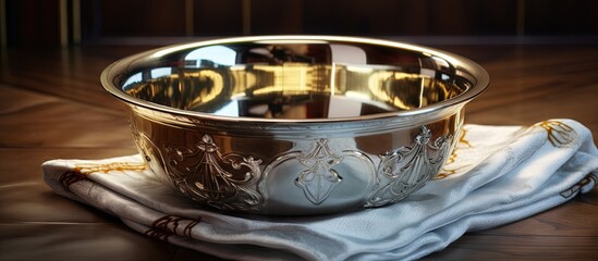 Orthodox Church s baptismal shirt a ritual construct with a holy water filled metal bowl copy space image