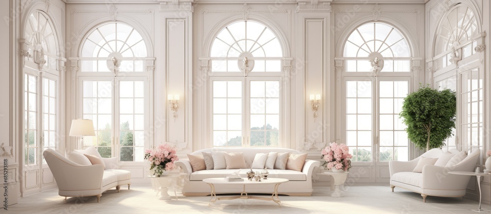 Poster Luxurious light interior design in a mansion with stucco walls high windows and square columns copy space image