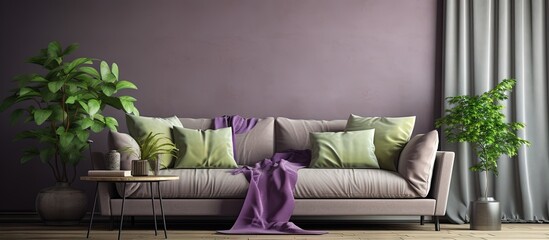 Stylish living room with a large gray couch green pillows and a violet blanket accompanied by a heater potted plants and lilac curtains copy space image
