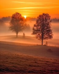 Obraz premium Mystische Landschaft im Nebel bei Sonnenaufgang, Generative AI