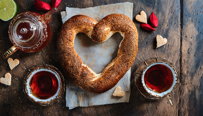 Heart-shaped Turkish bagel and Turkish tea in a glass cup prepared for Valentine's Day - obrazy, fototapety, plakaty