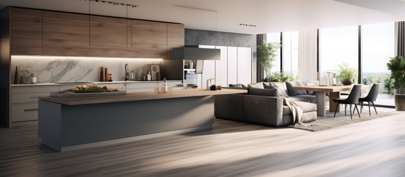 Luxurious kitchen and contemporary living room in a photo copy space image