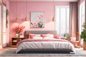 Valentine's Day interior bedroom concept, home style with in red and pink colours, 3d illustration.