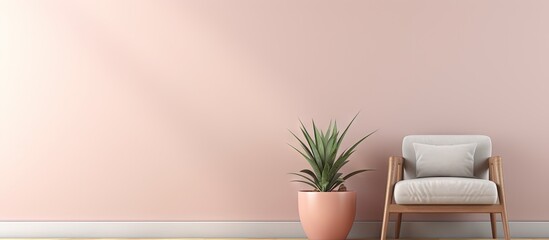 Pink potted aloe on wooden table in pastel apartment with plants and armchair near sofa with cushions copy space image
