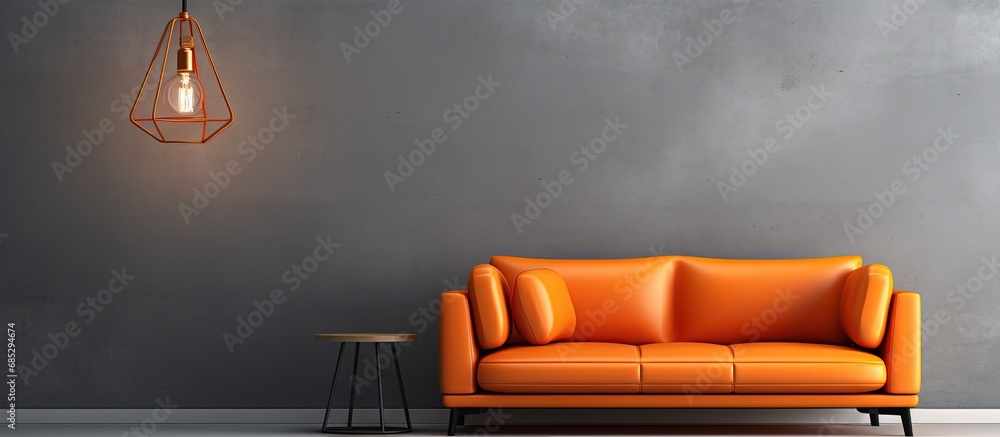 Poster modern interior with a grey scandinavian sofa under an orange lamp copy space image