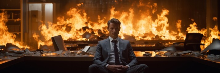 Businessman Faced with Flames amidst Financial Collapse and Greed - obrazy, fototapety, plakaty
