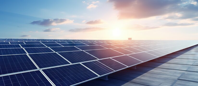 Photovoltaic panels on solar farm rooftop colored blue copy space image