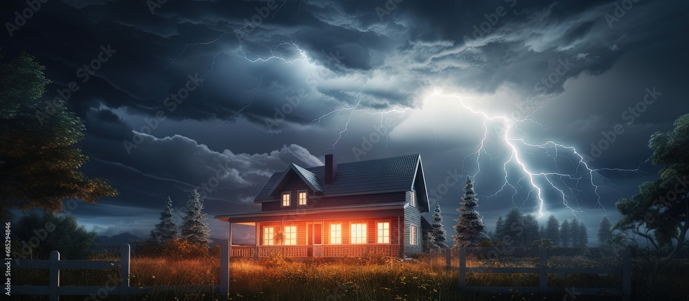 Poster thunderstorm with lightning bolt wiggles over a house copy space image