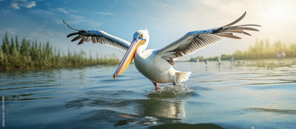 Poster pelican flying over reflective water representing climate change s effect on biodiversity conservati