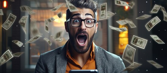 Shocked freelancer hipster man cannot believe he won money in cryptocurrency trading Astonished businessman trader Video conference call copy space image - obrazy, fototapety, plakaty