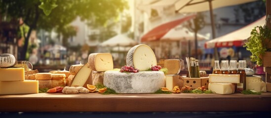 Outdoor space with artisan cheese stalls copy space image - obrazy, fototapety, plakaty