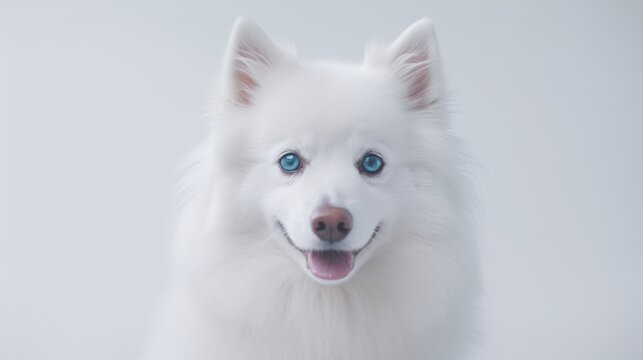 Charming canine of American Eskimo breed gazing directly at the lens with its snow-white coat