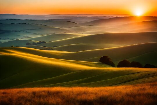 A Photograph of a serene sunset casting a pastel glow upon a vast expanse of rolling hills, capturing the tranquility of an endless countryside.