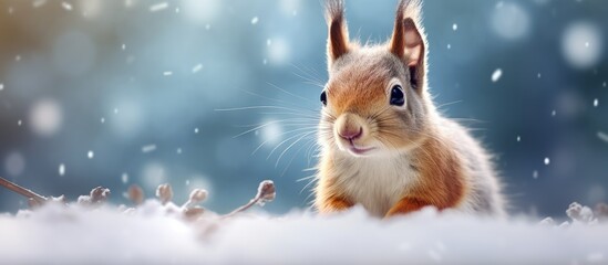 Red squirrel with snowy whiskers copy space image