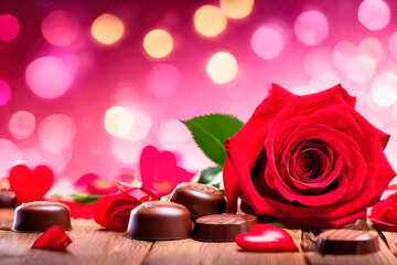 Fototapeta na wymiar Birthday greeting card or Valentine's day with bokeh. Red roses and heart-shaped chocolates.