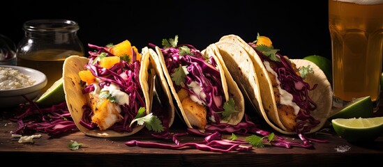 Tacos with fish mango salsa red cabbage salmon beer and hot honey copy space image - Powered by Adobe