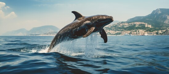 Rare sightings of pilot whales can be observed during whale watching tours in the Mediterranean s Ligurian Sea copy space image - obrazy, fototapety, plakaty