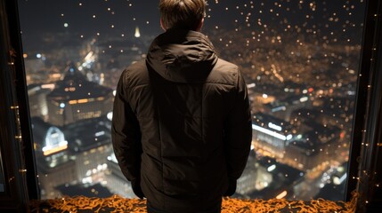 A man gazing out of a window, captivated by the mesmerizing view of a city at night.