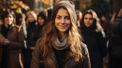 Obraz premium Woman smiling in front of crowd.