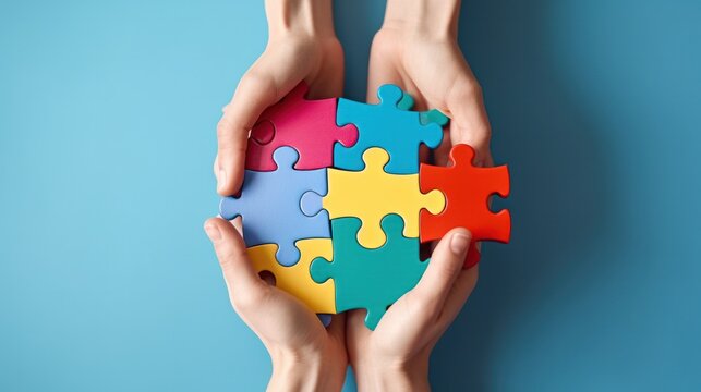 Colorful Puzzle Pieces and Hands on Blue Background for Alzheimer's and Autism Awareness