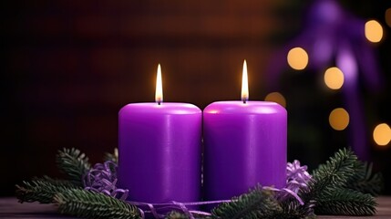 Obraz na płótnie Canvas Cozy Purple Advent Candles Burning Brightly