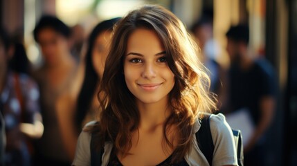 A woman confidently smiles, standing before a large crowd, radiating joy and capturing their attention.