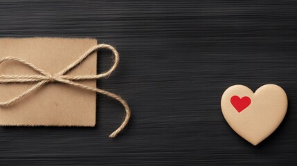 A heart-shaped gift box placed on a wooden table creates a pleasant and romantic scene.
