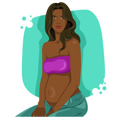 a pregnant black  woman in a top and jeans