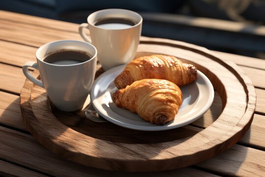 A table with two plates of croissants and a cup of coffee.
