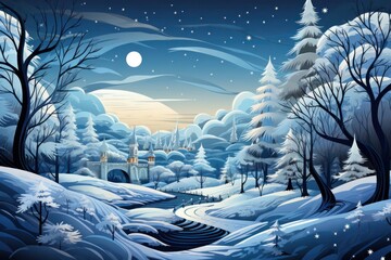 Snowy Landscape with Trees Depicting a Festive Christmas Background Generative AI